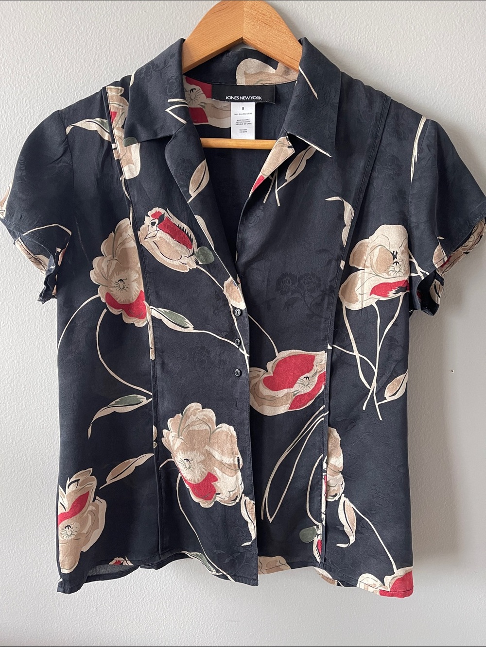 Silk Y2K Jones New York Black Floral Short-Sleeve Button-Front Top blouse